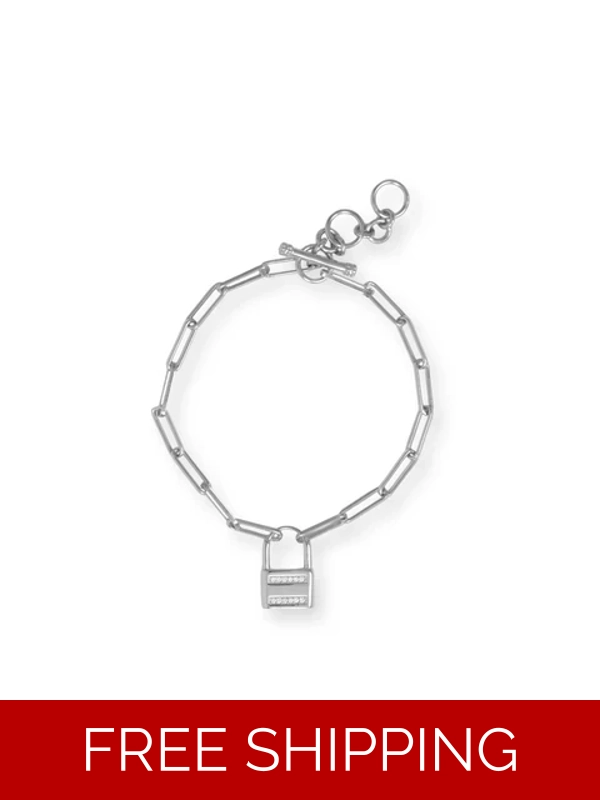 7.5" Rhodium Plated CZ Lock Toggle Bracelet